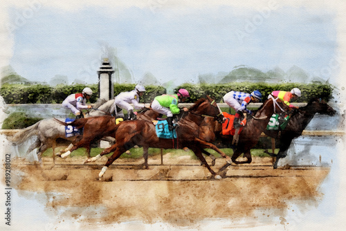 Digital watercolor painting of five Thoroughbred horses racing past the finish line on a dirt track at Churchill Downs photo