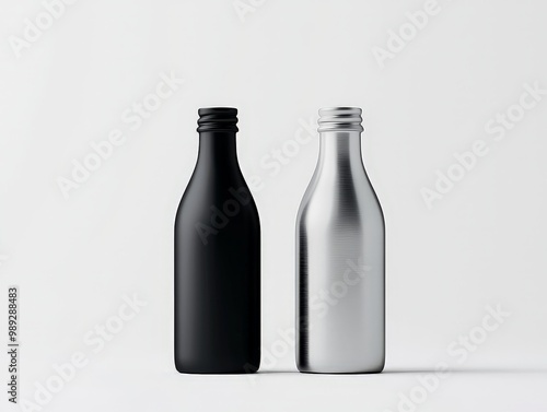 Minimalist Elegance Closeup of Contrasting Black and Silver Bottles on Seamless White Background, Pure and Stylish Product Display