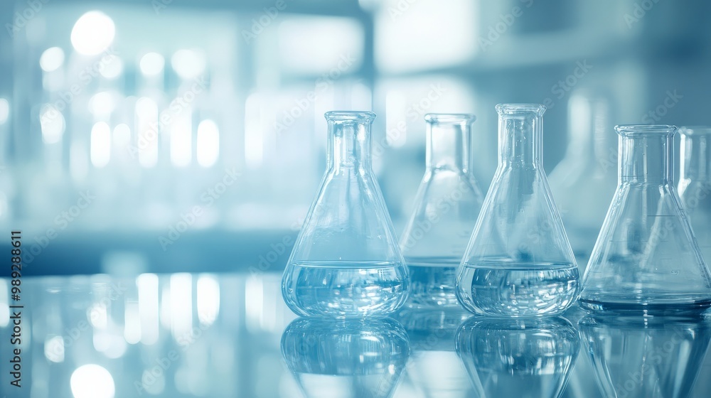 Serene Laboratory Glassware in a Tranquil, Reflective Setting Serene Laboratory Glassware in a Tranquil, Reflective Setting