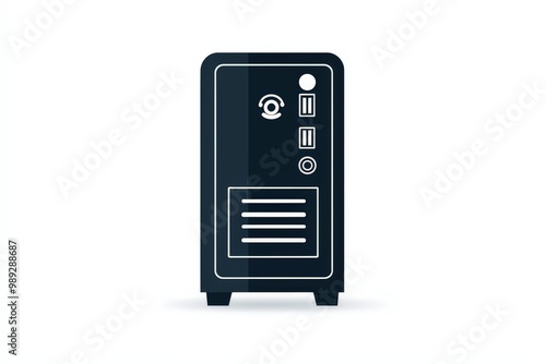 Minimalist Black Computer Tower with USB Ports on White Background - Simple and Functional Technology Concept for Web Design and Advertising