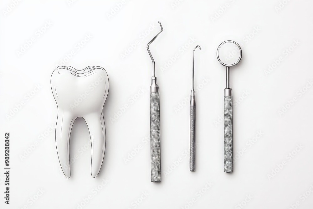 Clean White Tooth Model with Dental Tools on Textured Background - Professional Dental Care Concept Clean White Tooth Model with Dental Tools on Textured Background - Professional Dental Care Concept