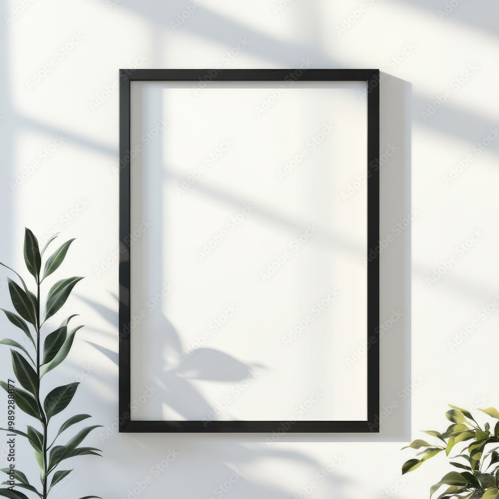 A minimalist blank frame is displayed against a bright wall, surrounded by green plants, creating a serene and inviting atmosphere. A minimalist blank frame is displayed against a bright wall, surrounded by green plants, creating a serene and inviting atmosphere.