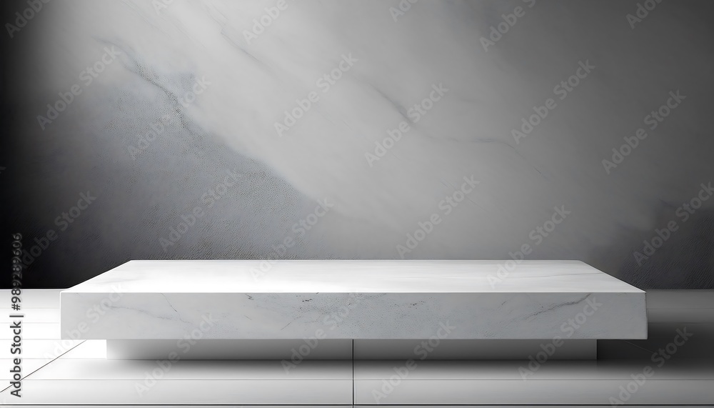 Obraz premium 3D product table in an empty studio against a black wall. Podium for presentation. Concrete dark surface. Marble luxury countertop mockup. 
