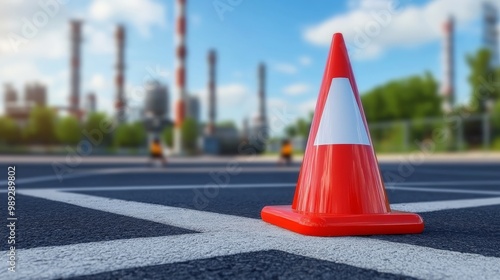 Red Traffic Cone on an Urban Street with Industrial Cityscape