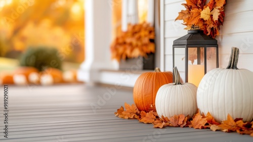 A porch with pumpkins and lanterns on a wooden deck, AI