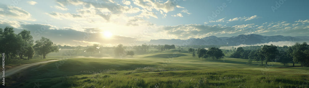 Obraz premium The panorama of green fields running in waves to the horizon creates a harmonious landscape filled with freshness and natural beauty