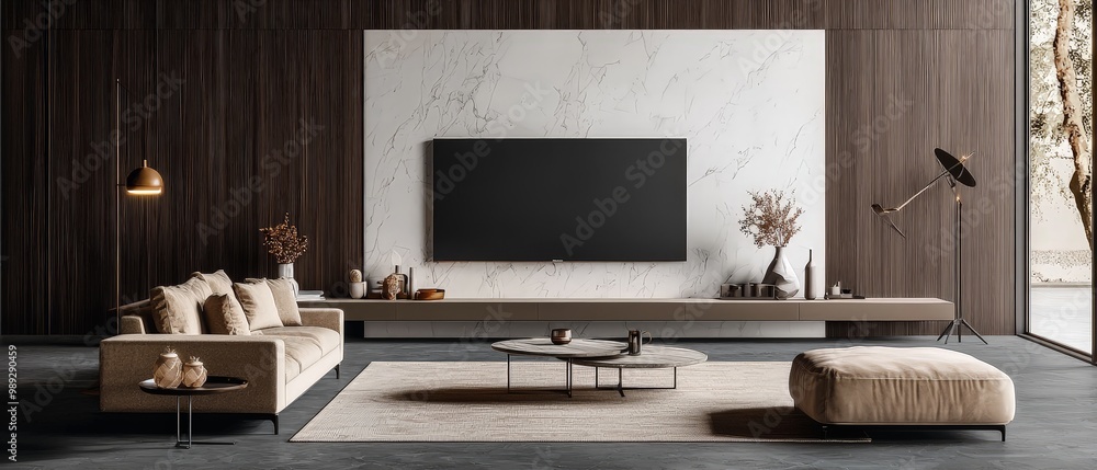 custom made wallpaper toronto digitalSophisticated Living Room Interior with Modern TV Wall, Marble Panel, and Tranquil Atmosphere for Home Decor Inspiration