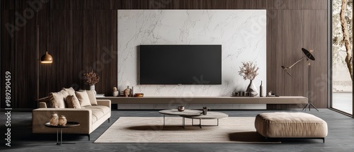 Wallpaper Mural Sophisticated Living Room Interior with Modern TV Wall, Marble Panel, and Tranquil Atmosphere for Home Decor Inspiration Torontodigital.ca