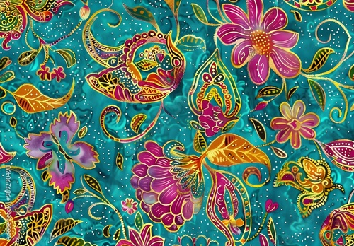 Vibrant Batik Floral Paisley Pattern Turquoise Background