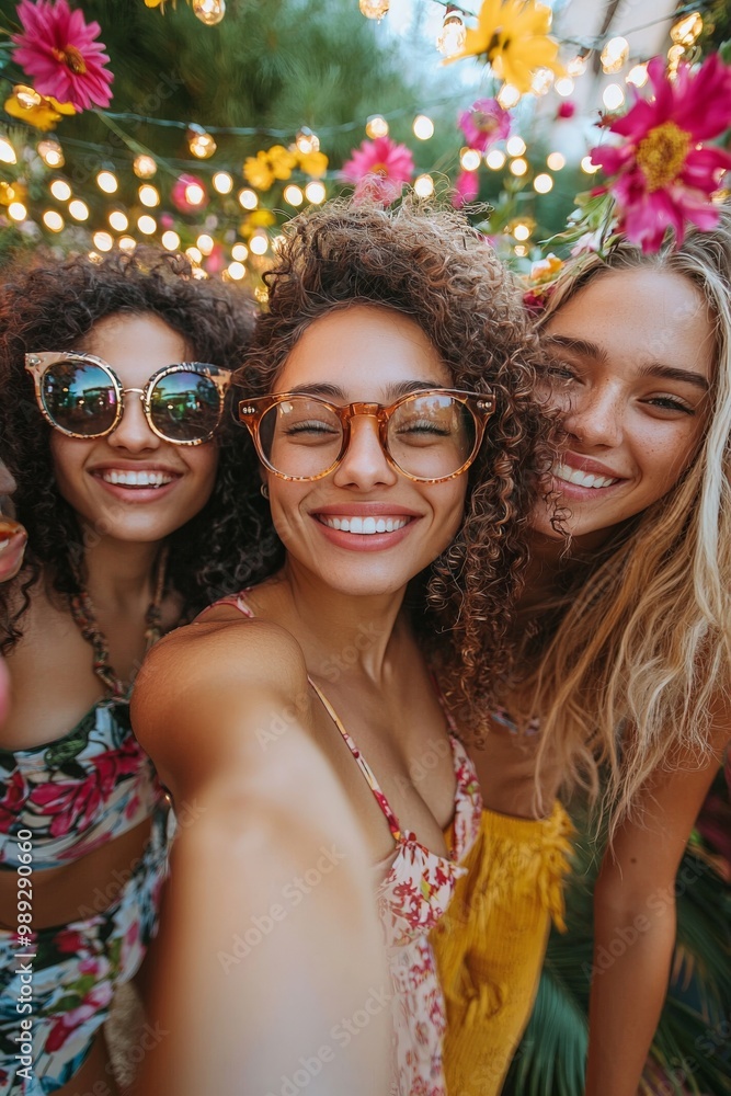 Friends at a garden party, taking a selfie among blooming flowers and festive string lights Friends at a garden party, taking a selfie among blooming flowers and festive string lights