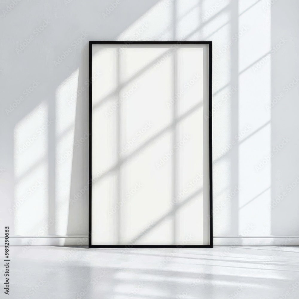 A minimalist interior featuring a framed blank canvas casting shadows in a bright room with light streaming through large windows. A minimalist interior featuring a framed blank canvas casting shadows in a bright room with light streaming through large windows.