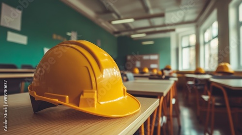 Hardhat on Classroom Desk in Construction Site