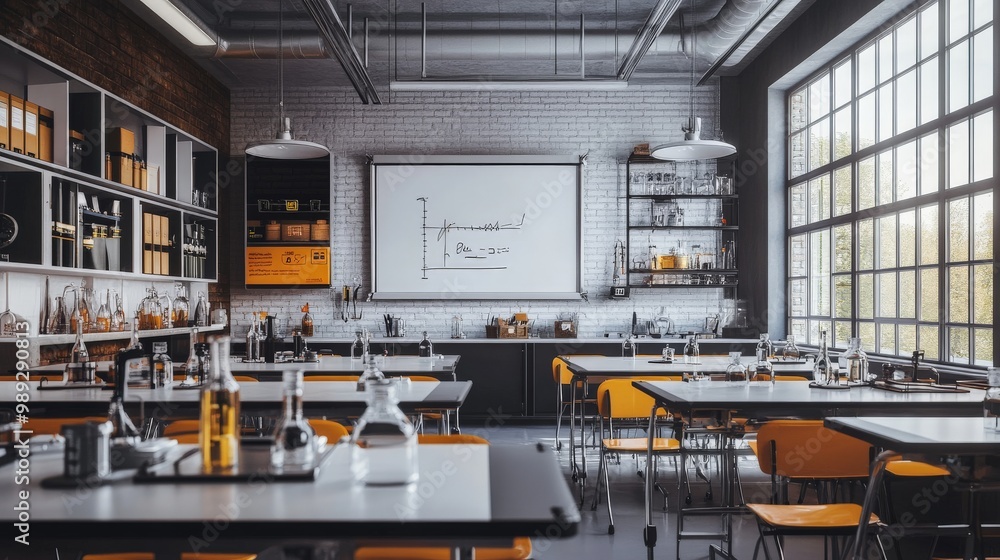 Modern Industrial-Style Classroom or Lecture Hall with Projector Screen Modern Industrial-Style Classroom or Lecture Hall with Projector Screen