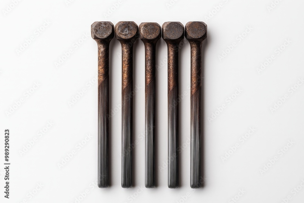 Symmetrical Rusty Hexagonal Metal Rods on White Background - Industrial Aesthetic and Minimalist Design Element Symmetrical Rusty Hexagonal Metal Rods on White Background - Industrial Aesthetic and Minimalist Design Element