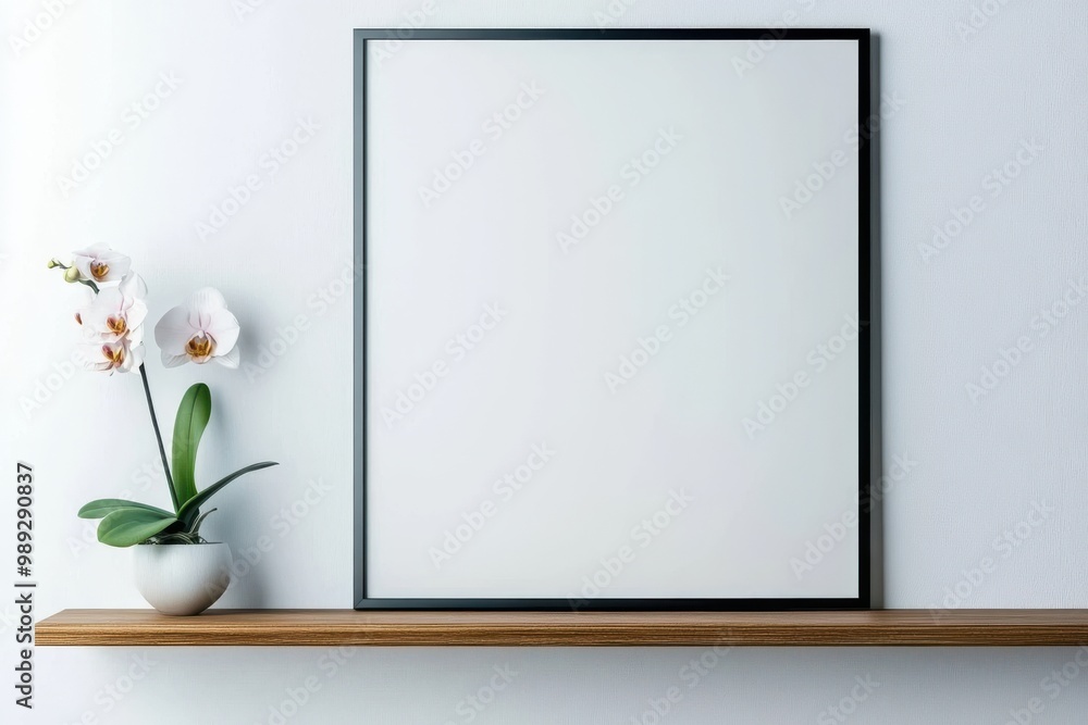 A minimalist shelf displays a blank framed picture and a small potted orchid, creating a serene and elegant atmosphere. A minimalist shelf displays a blank framed picture and a small potted orchid, creating a serene and elegant atmosphere.