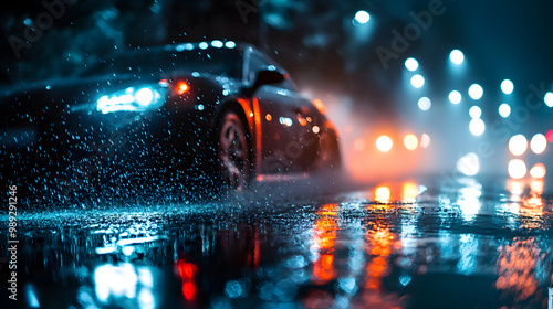A high-contrast image of a car drifting in the rain water spray illuminated by city lights.