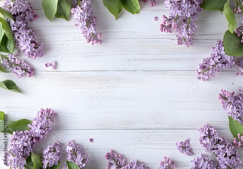 Lilac Flowers Frame on White Wooden Background