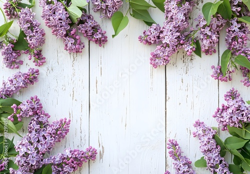 Lilac Flowers Frame On White Wooden Background
