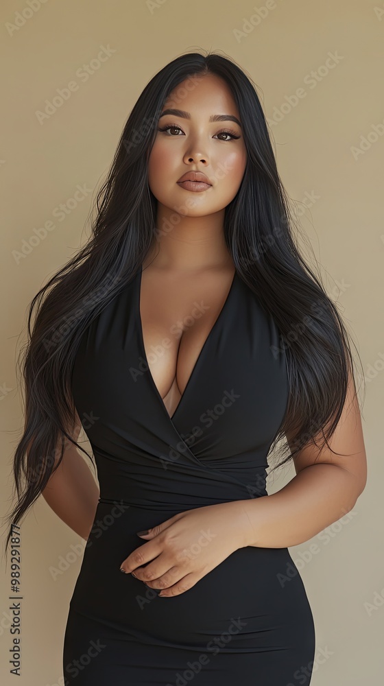 A beautiful plus-size woman with long, straight black hair A beautiful plus-size woman with long, straight black hair