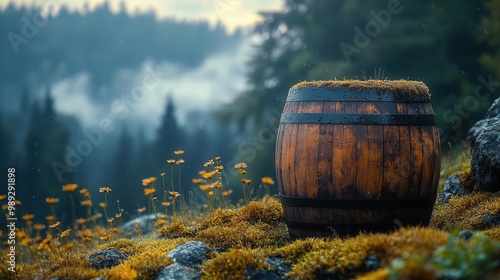 weathered oak barrel on misty hillside soft morning light filtering through fog dewkissed moss clinging to aged wood ethereal atmosphere photo