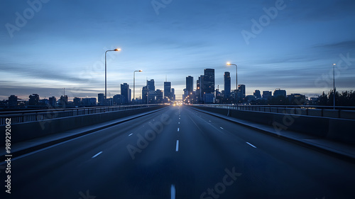 A high-speed chase on an empty bridge at dawn the city skyline silhouetted against the morning sky.