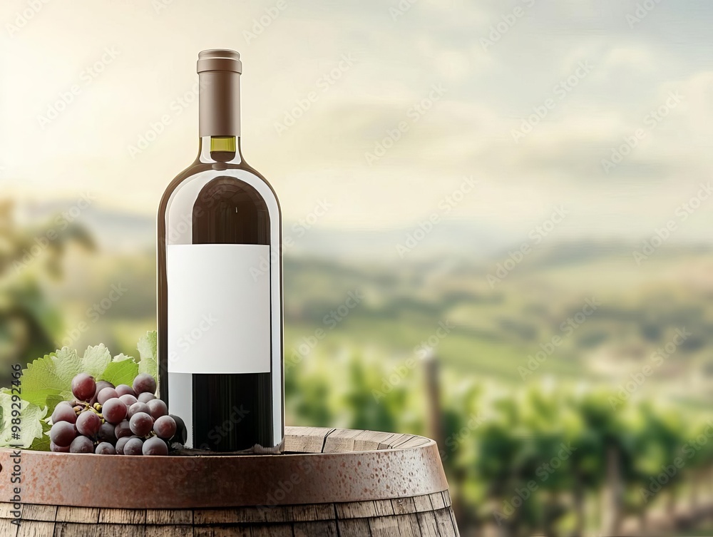 Fototapeta premium Wine bottle with blank label placed on a vintage wooden barrel, vineyard landscape in the background, rustic and authentic branding mockup