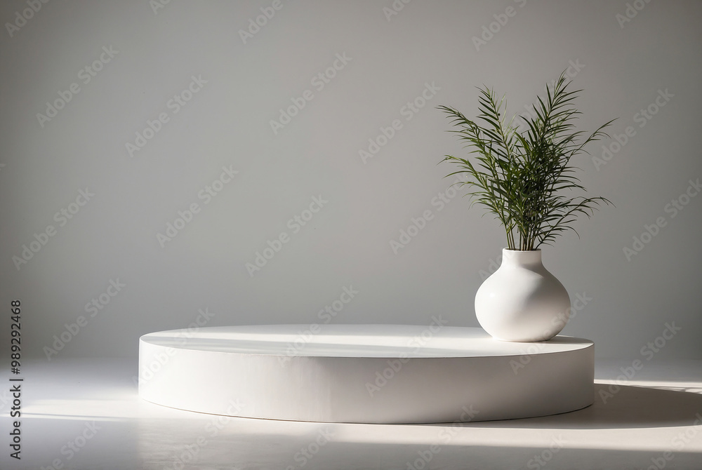Fototapeta premium Minimalist white podium with soft shadows, ideal for product display-Recovered