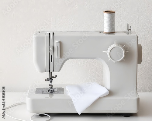 Sleek White Sewing Machine on Minimalist White Table Against Textured Wall - Modern Compact Design with Silver Accents, Clean and Practical Mood for Product Showcase or Creative Projects photo