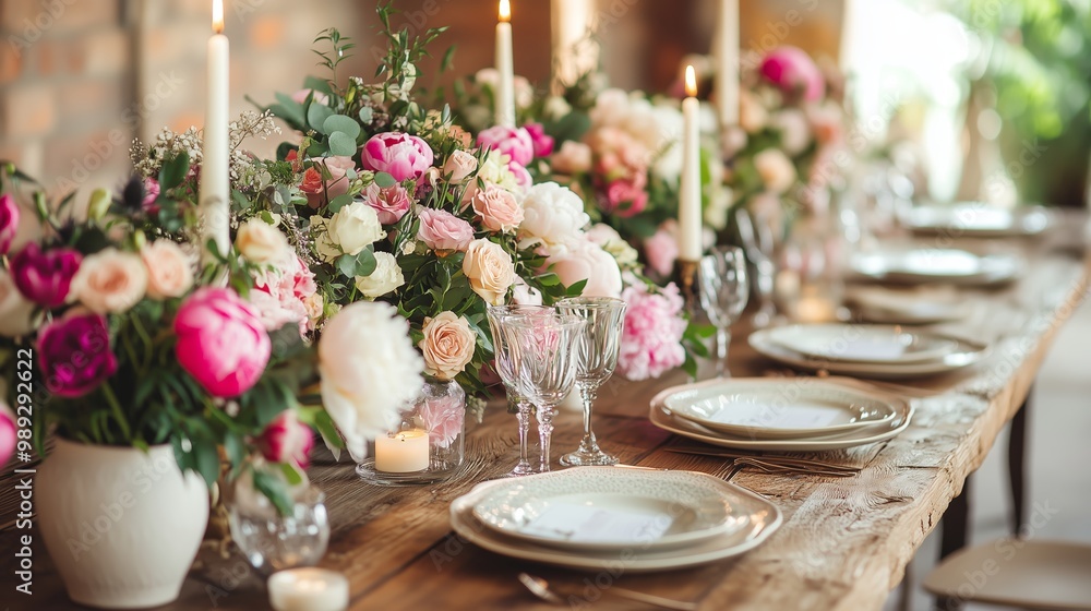 An elegant dining table adorned with lush floral arrangements and candles, set for a special gathering in a cozy outdoor space An elegant dining table adorned with lush floral arrangements and candles, set for a special gathering in a cozy outdoor space