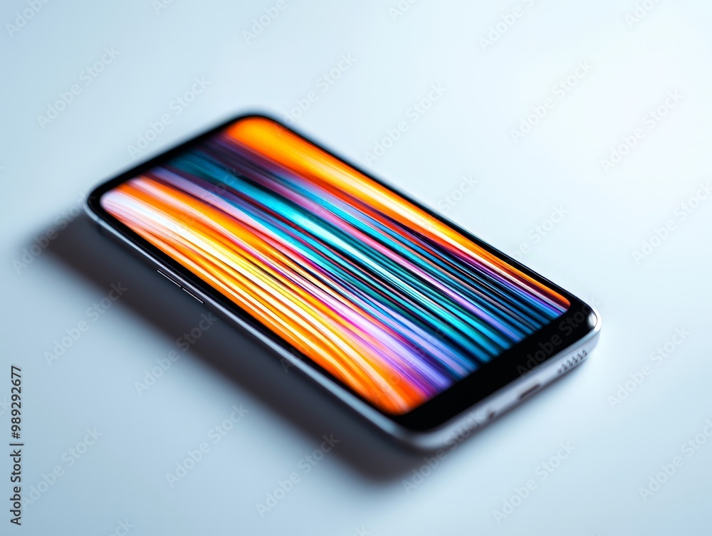 Vibrant Abstract Smartphone Screen on Light Blue Surface - Modern Tech Minimalism Vibrant Abstract Smartphone Screen on Light Blue Surface - Modern Tech Minimalism
