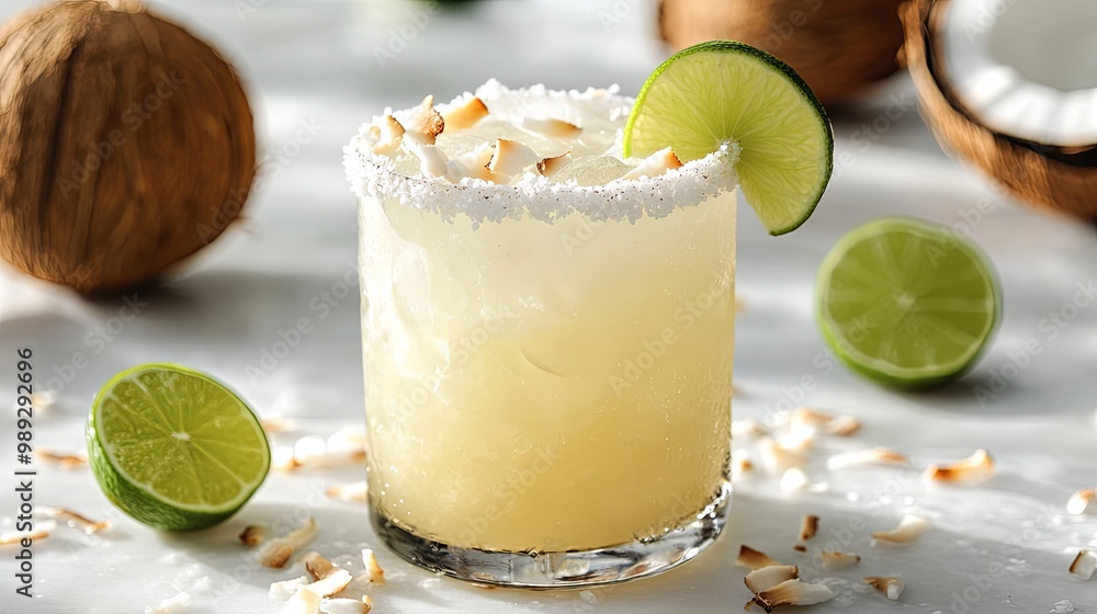 A coconut margarita in a salt-rimmed glass