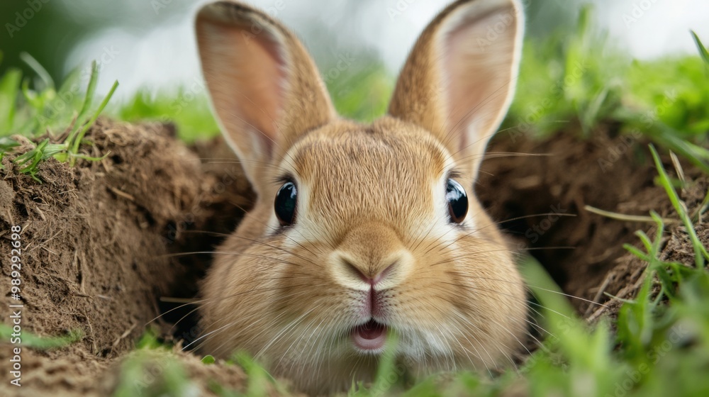 A rabbit peeking out of a hole in the ground, AI A rabbit peeking out of a hole in the ground, AI