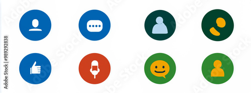 A set of video conferencing icons, including a phone call icon and chat bubbles, in blue with white outlines. photo