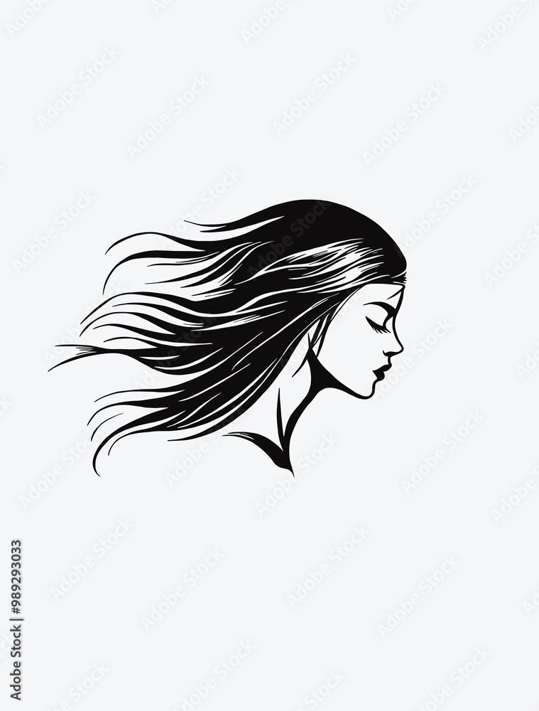 Vector design of a woman with straight hair blowing in the wind on a white background, simple minimalist style, black lines Vector design of a woman with straight hair blowing in the wind on a white background, simple minimalist style, black lines