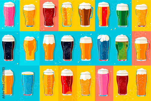 Colorful collage banner of different varieties of beer and drink ware. Flat design illustration