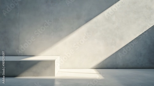 A minimalist interior space with a concrete bench and sunlight casting shadows on the wall.