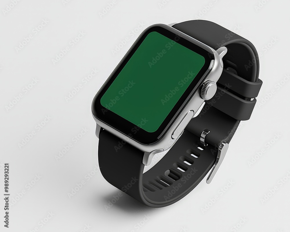 Fototapeta premium Sleek Black Silicone Smartwatch with Silver Case on White Background - Minimalist Tech Elegance with Vibrant Green Screen for Modern Lifestyle