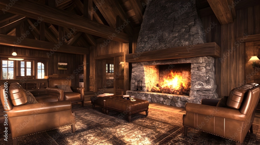 Cozy rustic cabin interior with roaring fireplace wooden beams and furnishings creating a warm and inviting atmosphere for relaxation and escape Cozy rustic cabin interior with roaring fireplace wooden beams and furnishings creating a warm and inviting atmosphere for relaxation and escape