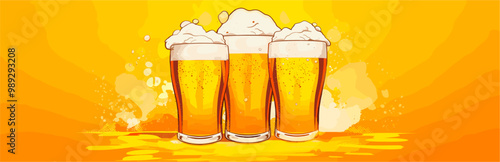Three pints of three pilsner pints over golden background