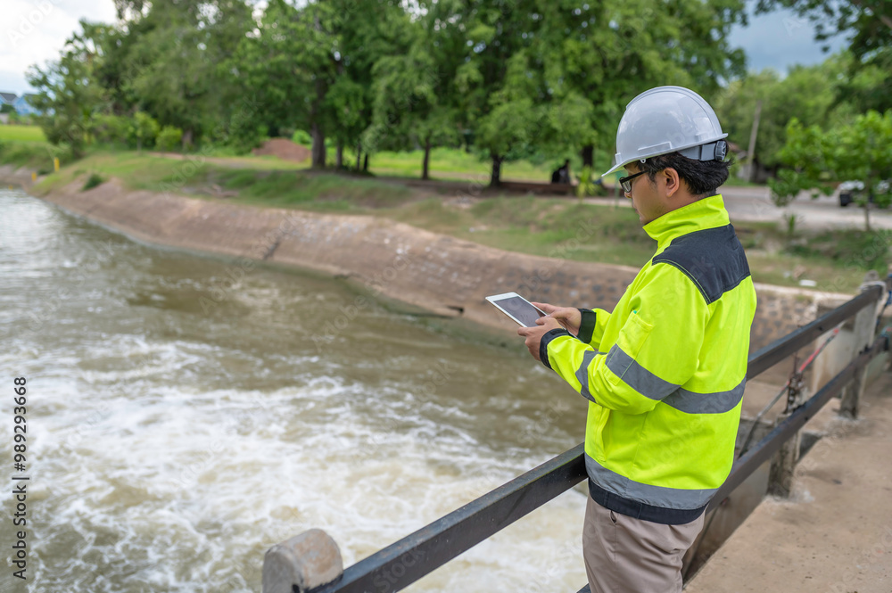 A engineering doing his checking routine. He is wearing hard hat and engineer uniform.Standing by the rail by the dam.Monitor water levels from the heavy rain that has been falling for several days. A engineering doing his checking routine. He is wearing hard hat and engineer uniform.Standing by the rail by the dam.Monitor water levels from the heavy rain that has been falling for several days.