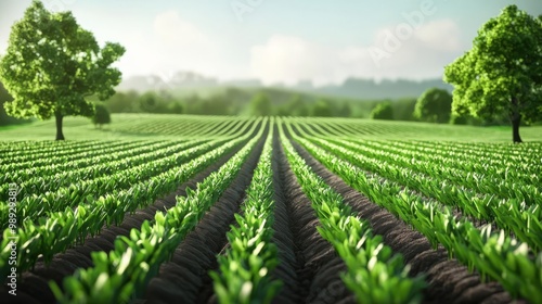 Vibrant green field with symmetrical rows of crops under a clear sky.