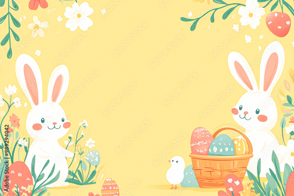 A yellow background with two rabbits and a basket of eggs A yellow background with two rabbits and a basket of eggs