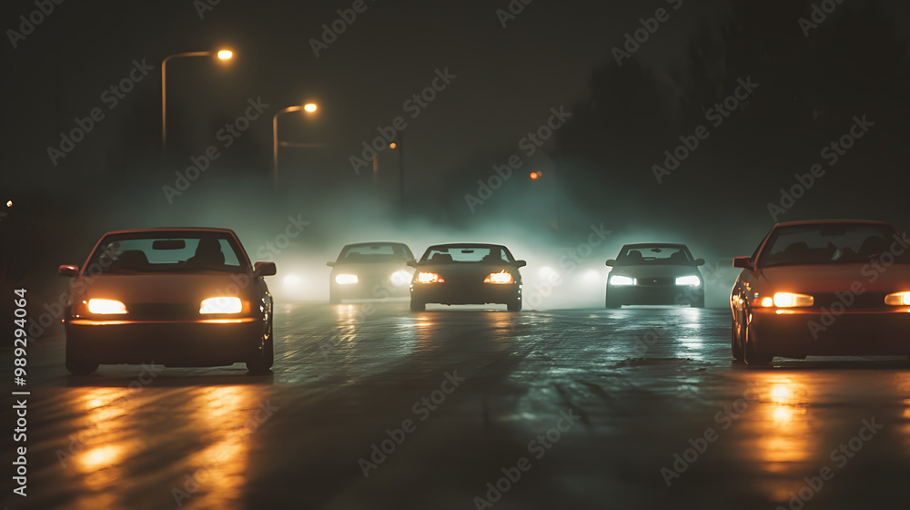 Fototapeta premium A lineup of cars at an illegal drift race in the outskirts of a city headlights illuminating the dark road.