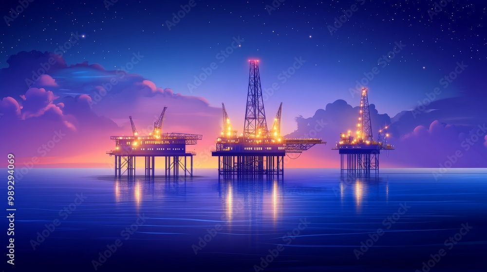 Offshore Oil Rigs at Sunset: A Striking Silhouette Against the Vibrant Sky Offshore Oil Rigs at Sunset: A Striking Silhouette Against the Vibrant Sky