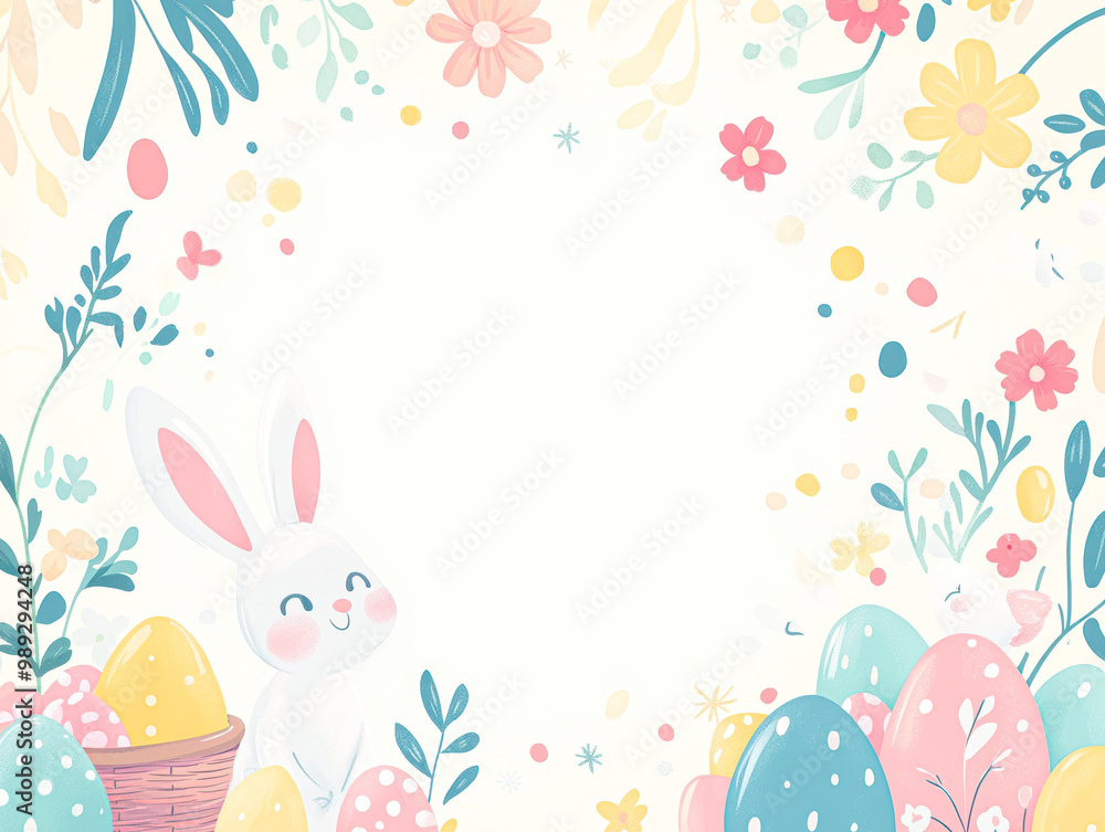 A rabbit is sitting in a basket of eggs A rabbit is sitting in a basket of eggs