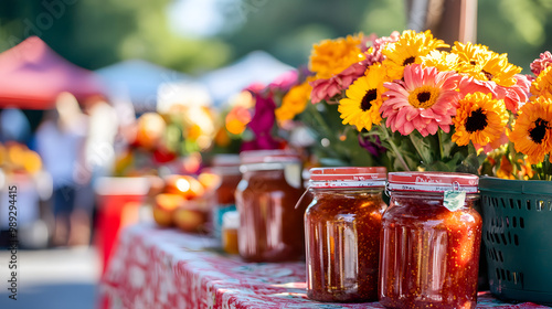 A lively morning farmers market with vendors selling homemade jams and fresh flowers.