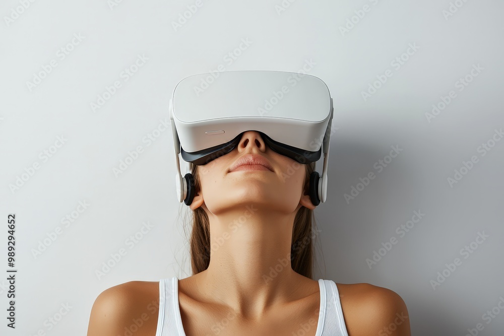 Immersive Virtual Reality Experience with Woman Wearing VR Headset in Close-up Against White Background - Technological Innovation and Concentration Concept Immersive Virtual Reality Experience with Woman Wearing VR Headset in Close-up Against White Background - Technological Innovation and Concentration Concept