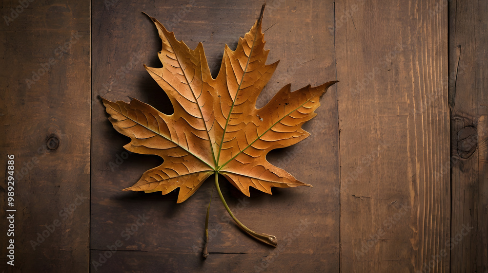one brown autumn fall maple leaves on a wooden background one brown autumn fall maple leaves on a wooden background