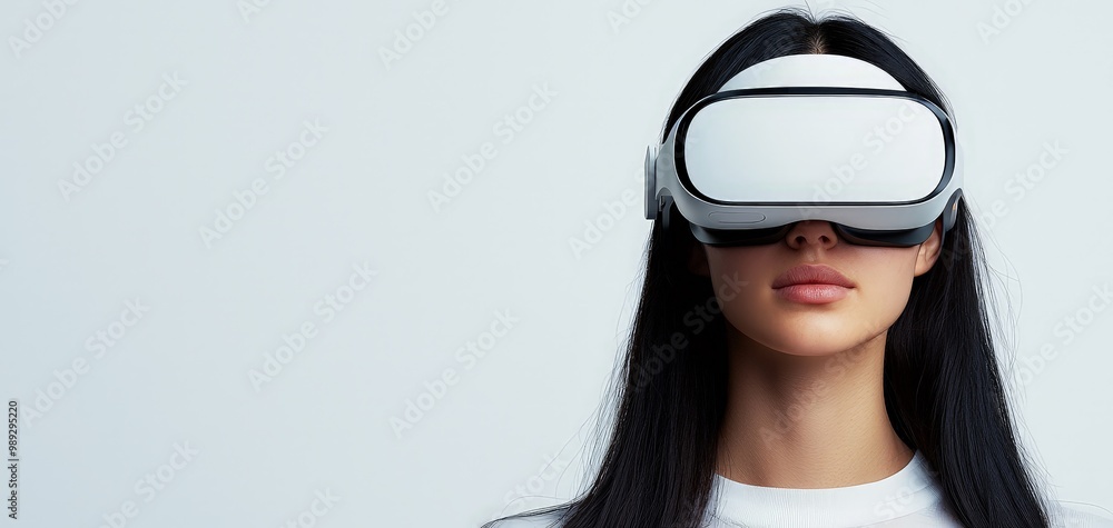 Futuristic VR Experience Close-Up of Young Woman Engaged in Virtual Reality Adventure on Light Blue Background - Modern Technology Concept Futuristic VR Experience Close-Up of Young Woman Engaged in Virtual Reality Adventure on Light Blue Background - Modern Technology Concept
