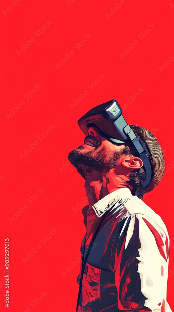 A man with a hat, gleefully using virtual reality glasses A man with a hat, gleefully using virtual reality glasses